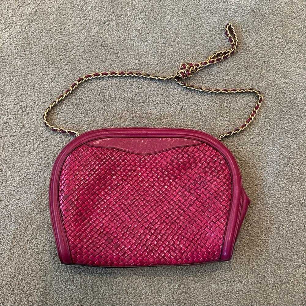 Vintage Rare Susan Gail Pink Hand Woven Leather Shoulder Bag Chain Made In Italy